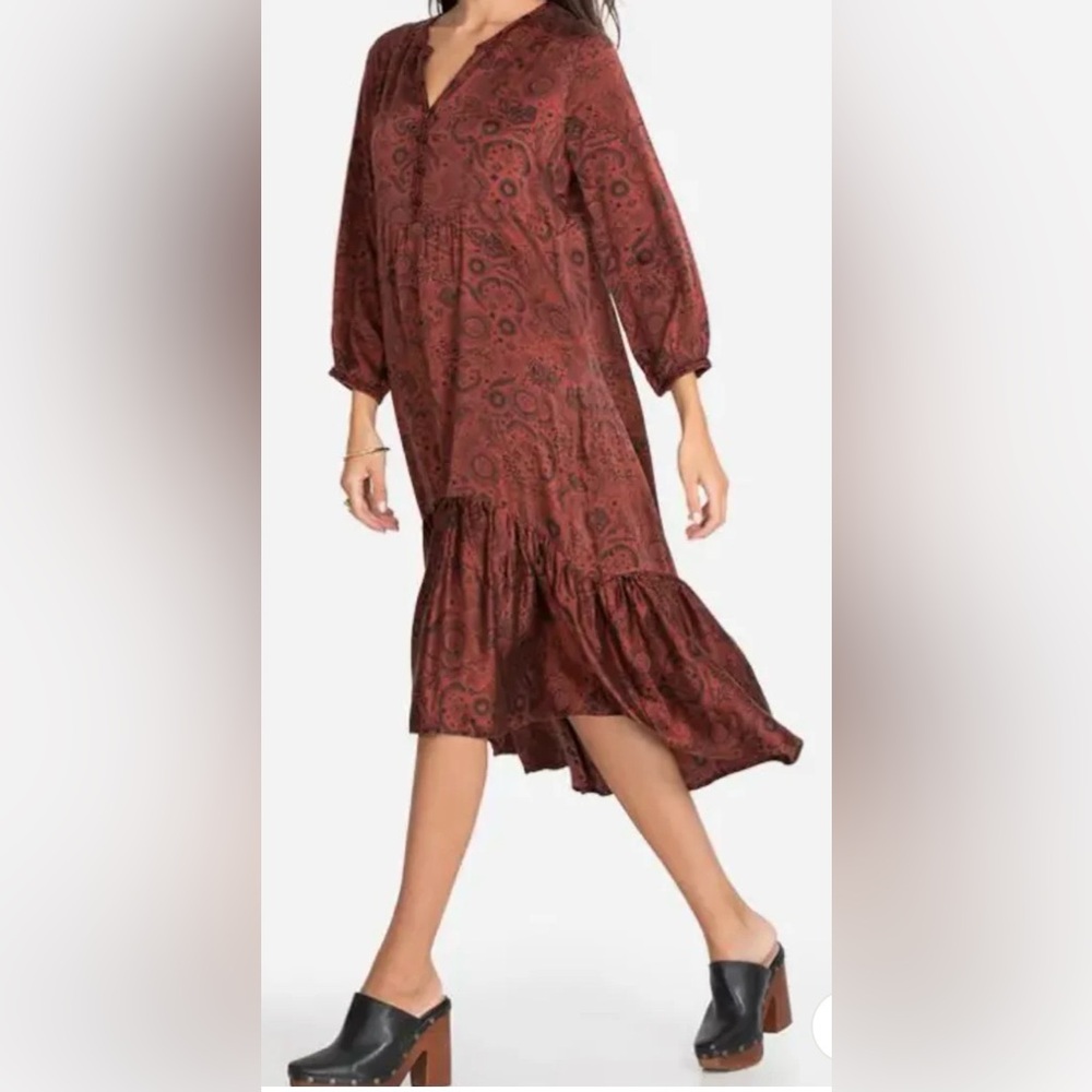 Johnny Was Asteria Tiered Silk Dress Rust